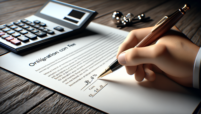 Debt Consolidation Loan Origination Fees Explained: | DCL Detailed explanation of Debt Consolidation Loan Origination Fees: Hand signing loan document, calculator displays £300 origination fee on £10,000 loan.