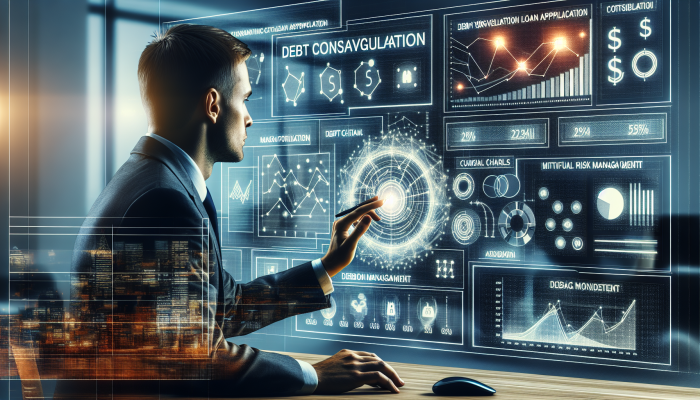 Debt Consolidation Loan Origination Fees Explained: | DCL UK lender assessing debt consolidation loan risk in a modern office with financial charts and economic trends on screen.