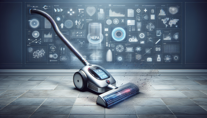A modern vacuum with HEPA filter capturing dust and allergens on stone floor for a healthier home.