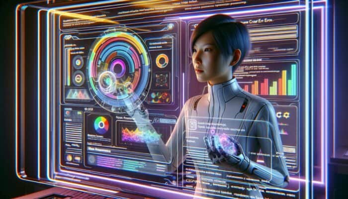 A webmaster analyzing Google Search Console data on a futuristic display in a tech-rich environment.