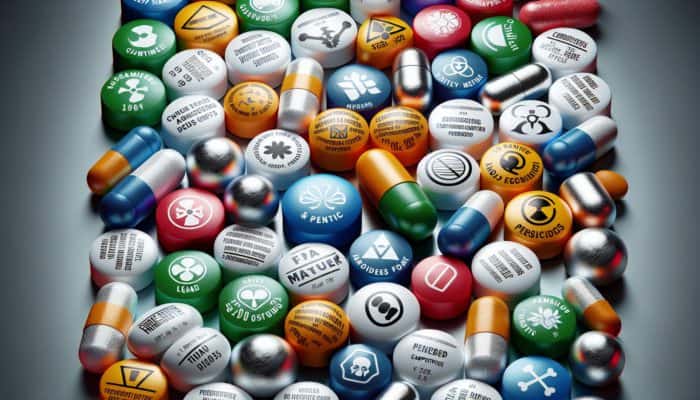 Illustration depicting the contamination risks of heavy metals and pesticides in dietary supplements.