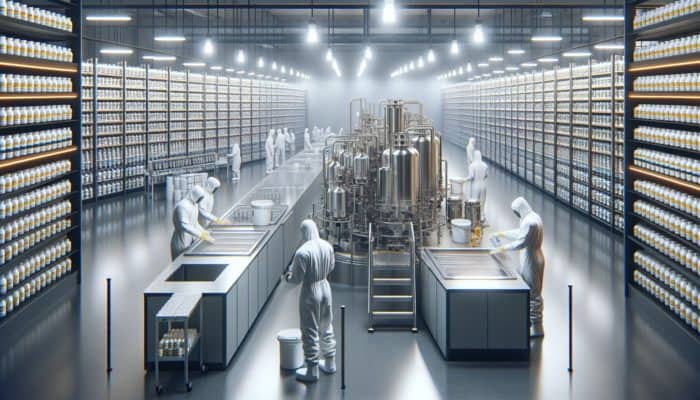 Workers in hazmat suits conducting cleaning in a modern supplement factory.