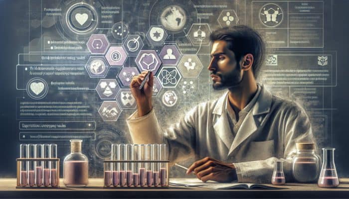 A scientist analyzing a supplement brand's history and transparency with digital icons.