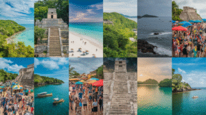 A collage featuring 12 images that capture stunning beaches, ancient stone ruins, lush green landscapes, breathtaking ocean views, vibrant festivals with market stalls, boats on the water, and people enjoying sandy shores under both blue and cloudy skies—perfect for a Belize travel guide.