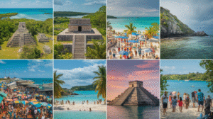 A captivating collage of eight images featuring ancient Mayan ruins, bustling beaches, crystal-clear turquoise waters, a vibrant marketplace adorned with colorful umbrellas, tourists, and lush tropical landscapes under Belize’s sunny and partly cloudy skies.