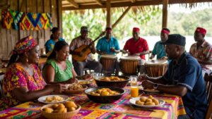 A lively gathering featuring Garifuna food and drinks, with musicians in vibrant attire playing drums and guitars, showcasing the spirited atmosphere of Garifuna culture.