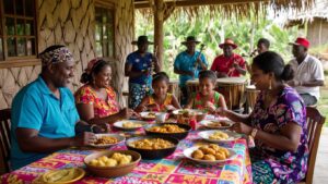 A family enjoys a vibrant outdoor meal in Belize, surrounded by musicians playing drums and instruments, showcasing the lively spirit of Garifuna culture.