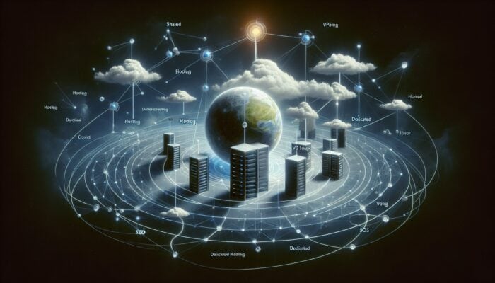 Illustration depicting how to effectively implement content clusters for web hosting SEO, highlighting "Web Hosting" at the center with connections to "Shared Hosting," "VPS Hosting," and "Dedicated Hosting" nodes.