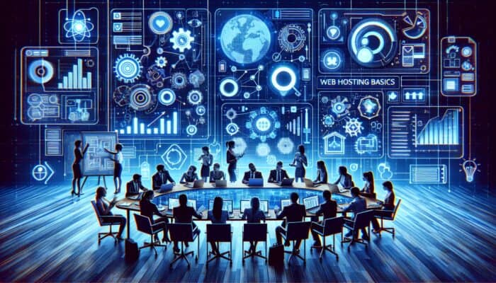 An organized digital workspace displaying screens with keyword research tools and charts, as a team collaborates on content cluster topics.