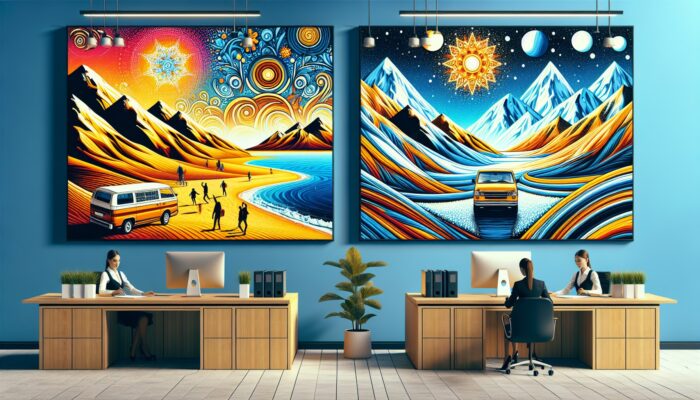 A car rental office showcasing vibrant posters depicting summer beach and winter mountain scenes, highlighting seasonal discounts.
