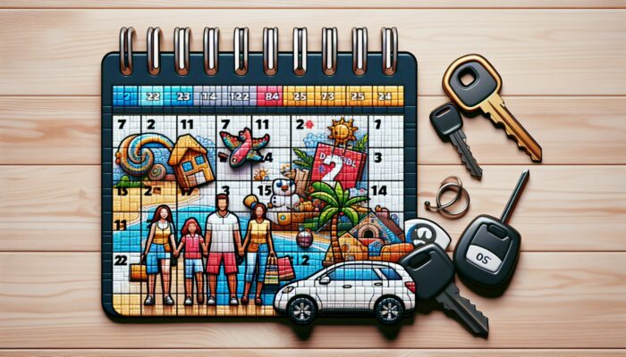 Calendar marked with holiday dates and discount symbols, surrounded by car keys and travel brochures, illustrating a family planning a vacation.