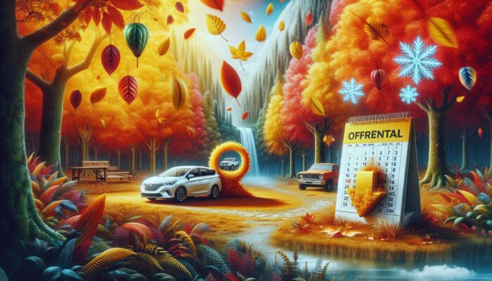 A tranquil autumn landscape featuring a car rental office amidst colorful falling leaves, with a calendar highlighting off-peak seasons.