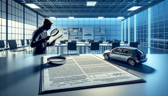 Person in office using magnifying glass to examine rental contract, focusing on vehicle condition, fuel policy, and fees.