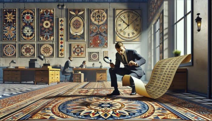 Individual using a magnifying glass to scrutinize a contract, surrounded by intricate tiles and a clock, in a busy office filled with fee charts.
