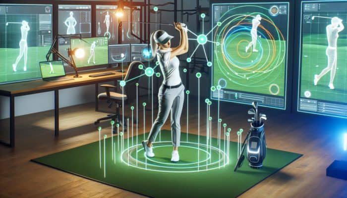Golfer analyzing swing mechanics with 3D models and motion capture in a modern training facility.