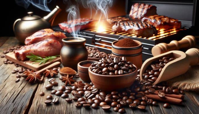Close-up of Arabica coffee beans with rich texture and varied brown shades, beside a sizzling BBQ grill with seasoned meats.