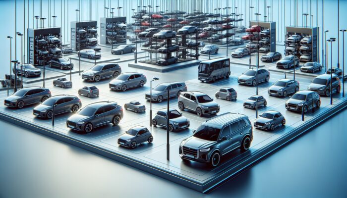 A diverse fleet of vehicles including compact cars, luxury sedans, and SUVs available in a rental lot.