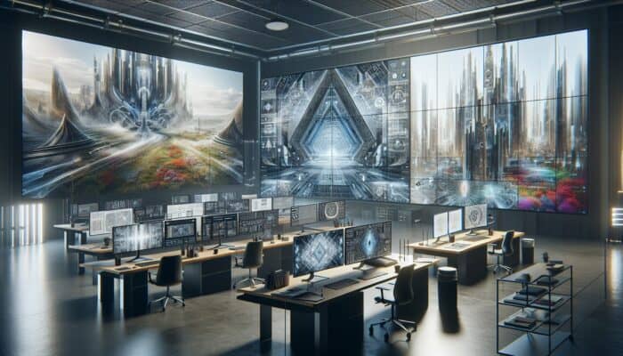A modern workspace with screens showcasing architectural and landscape images in WebP, browser compatibility charts, and fallback options.