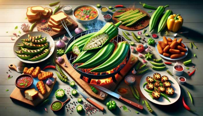 A vibrant green okra pod, grilled and sliced open, surrounded by Southern dishes like gumbo and fried okra.