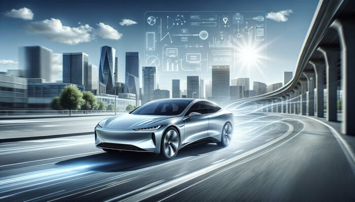 A sleek hybrid car on an urban street, switching between electric and combustion power, under a clear sky.
