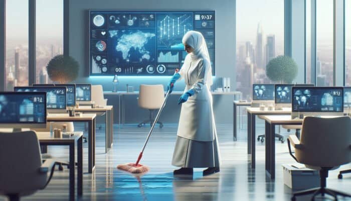 Professional cleaner sanitizing a modern office, emphasizing hygiene and cleanliness.