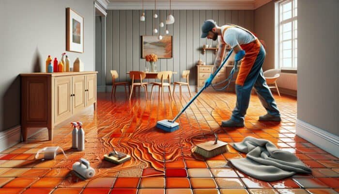 Professional cleaner restoring a vibrant terracotta floor in a UK home with specialized tools.