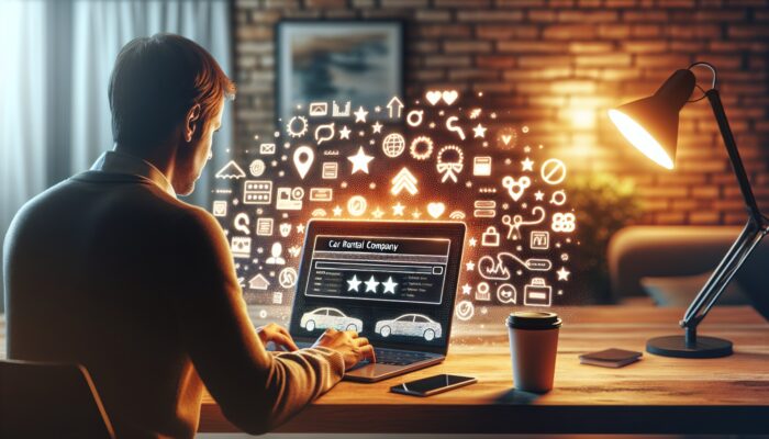 Person reviewing car rental company ratings on laptop in cozy home office with coffee.
