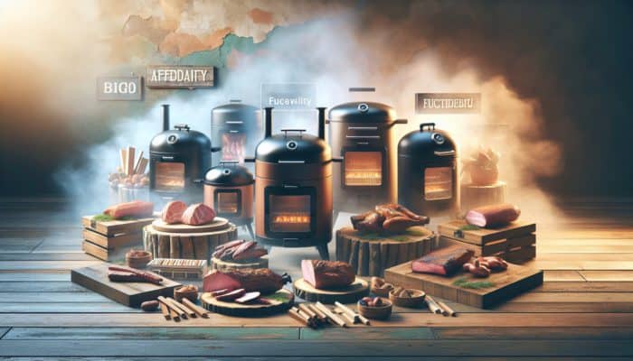 A selection of budget-friendly smokers displayed on a rustic table alongside meats and smoking woods, warmly lit.