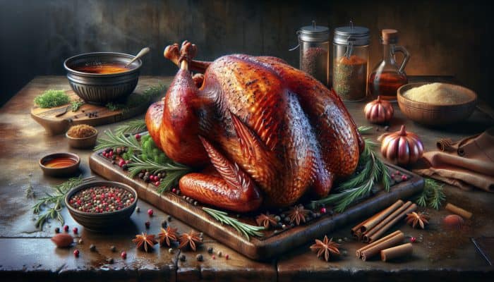 A mouthwatering smoked turkey adorned with herbs and spices, glistening with moisture, in a rustic kitchen.