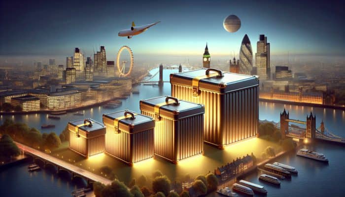 Visual representation of tiered service packages on a modern interface against a UK city skyline.