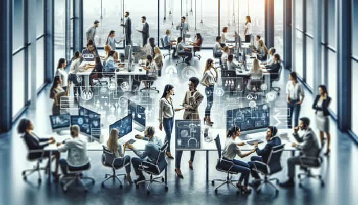A diverse team collaborating in a modern office to improve customer satisfaction and loyalty.