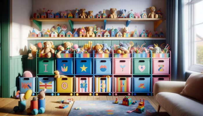 Brightly colored labels featuring images and words on toy bins, guiding children to organize stuffed animals in a UK home.