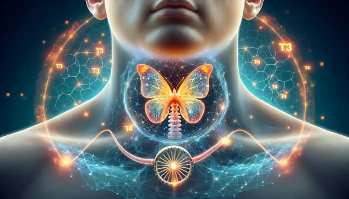 Illustration depicting the thyroid gland in the neck, releasing T3 and T4 hormones, with an energetic background.