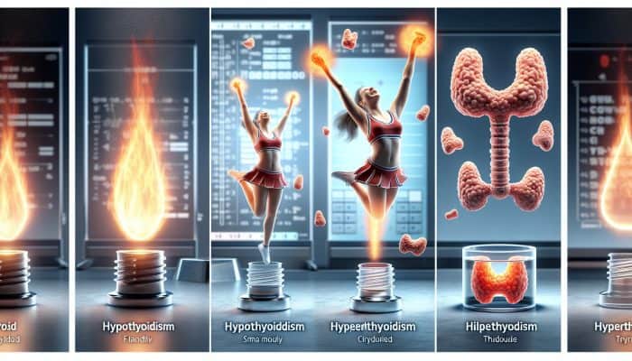 Artistic representation of thyroid disorders: slow flame for hypothyroidism, cheerleader for hyperthyroidism, nodules in medical context.