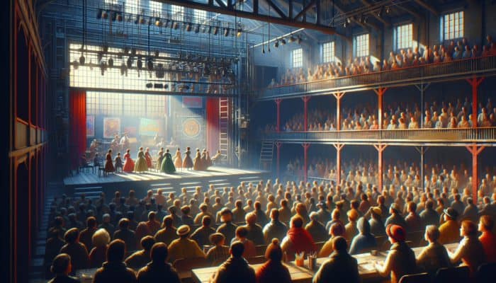 A vibrant local theater with diverse audience enjoying a culturally rich play, colorful sets, and expressive costumes.
