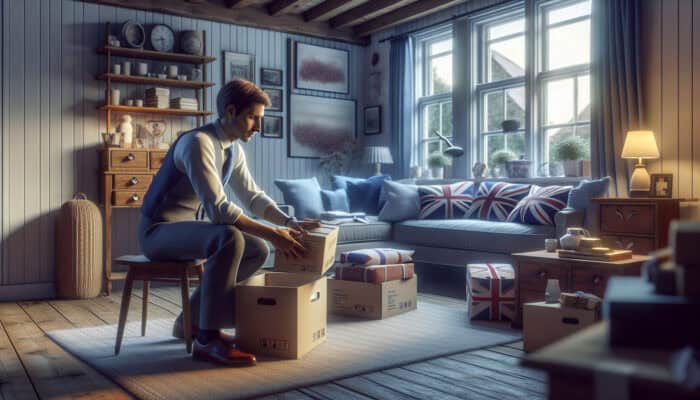 A clearance company employee carefully packing sentimental items in a cozy UK home, symbolizing compassion during bereavement.