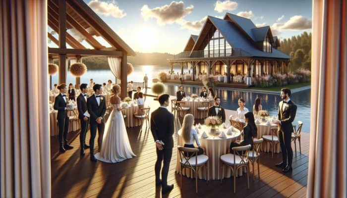 A romantic wedding at The Lake Club Benoni featuring a scenic lake backdrop and elegant decorations.