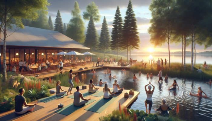 A lakeside club at dawn and dusk featuring yoga, social events, and staff assisting visitors.