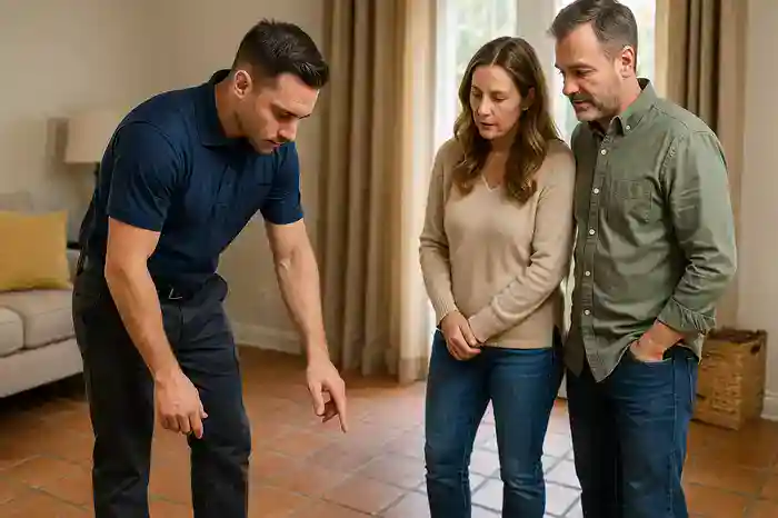 Local technician explaining terracotta floor cleaning and restoration to homeowners