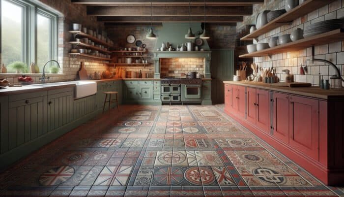 A rustic British kitchen featuring unglazed red and grey quarry tiles, combining traditional and contemporary styles.