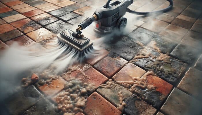 High-pressure steam cleaner revealing the natural colors and textures of quarry tiles while removing dirt.