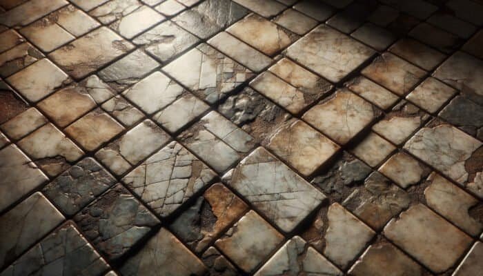Deteriorating quarry tiles showing dullness, discoloration, cracks, and stains from steam cleaning on an aging kitchen floor.