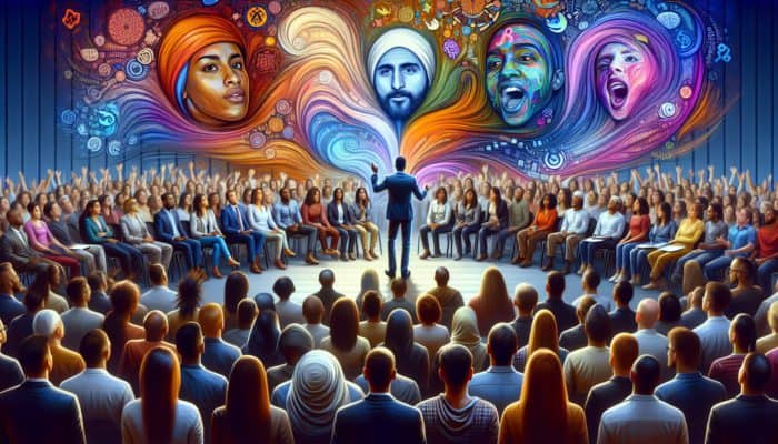 A diverse audience captivated by a storyteller weaving an enchanting narrative, surrounded by vibrant colors.