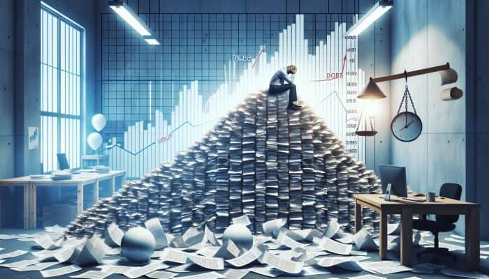 Individual overwhelmed by rising debt, surrounded by bills and a soaring DTI ratio graph.