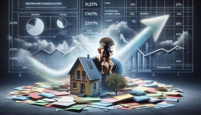 UK homeowner evaluating diminished home equity amidst rising interest rates, surrounded by debt consolidation documents.