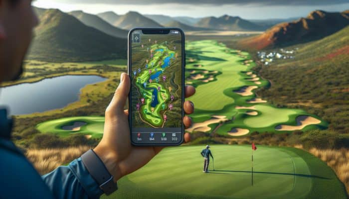 A golfer using a smartphone app with a comprehensive map of a South African golf course, highlighting varied terrains and strategic planning.