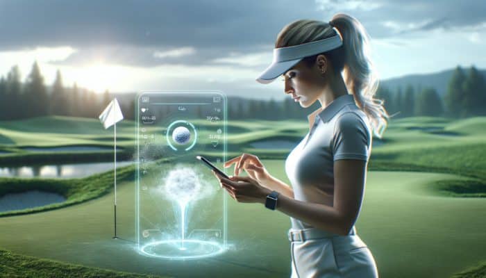 A golfer engaged with a smartphone app on the course for structured practice, progress tracking, and real-time feedback.