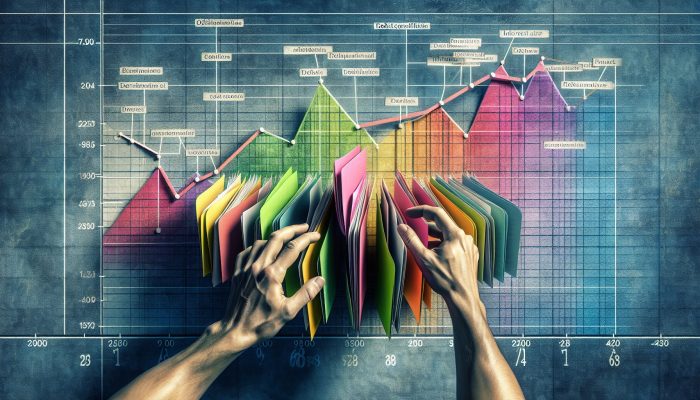 Debt Consolidation vs Selling Assets to Pay Debt: UK Guide | DCL A person organizing multiple colorful debt papers into one folder, symbolizing debt consolidation, with financial charts showing decreasing interest rates.
