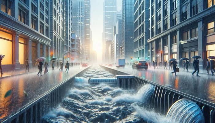 Efficient catch basin systems managing stormwater runoff on a bustling Delta street during heavy rain.
