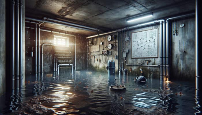 A flooded basement with debris-clogged drains, malfunctioning sump pump, and signs of poor installation and water infiltration.
